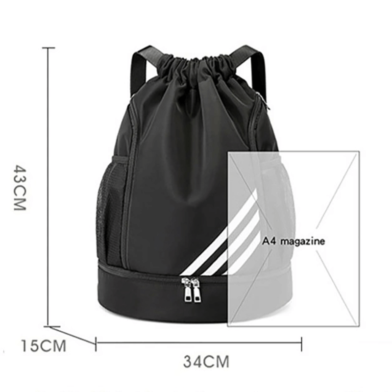 Unisex gym drawstring basketball backpack with ample storage, waterproof nylon, 43x34x15 cm, fits A4 magazine, ideal for fitness.